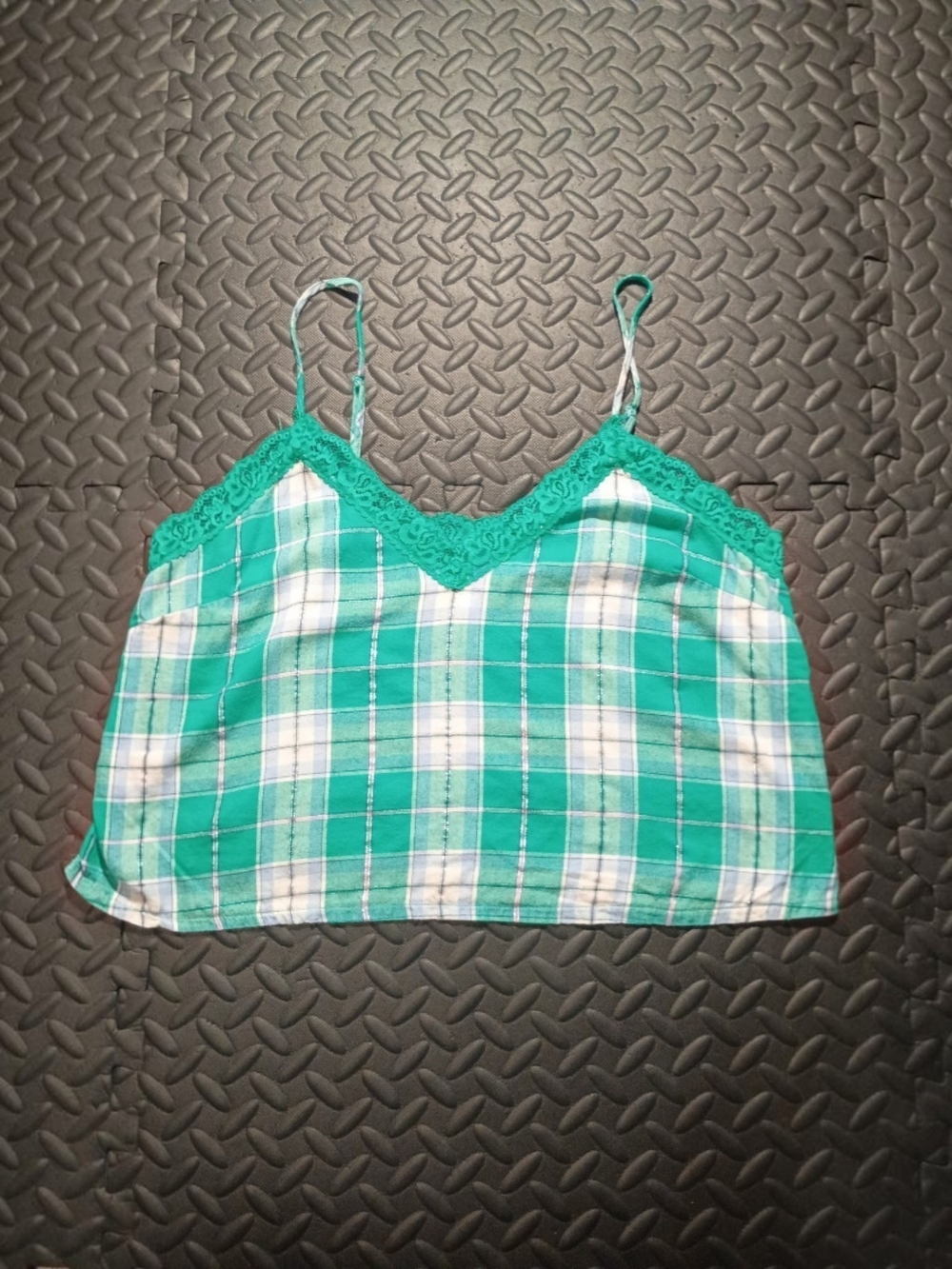 Colsie Green and White Plaid Lace-Trim Cami